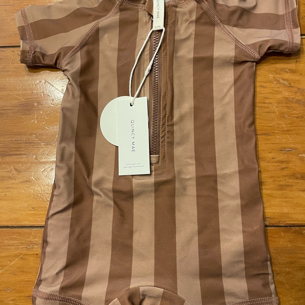 Quincy Mae Tan Striped Baby Swimsuit